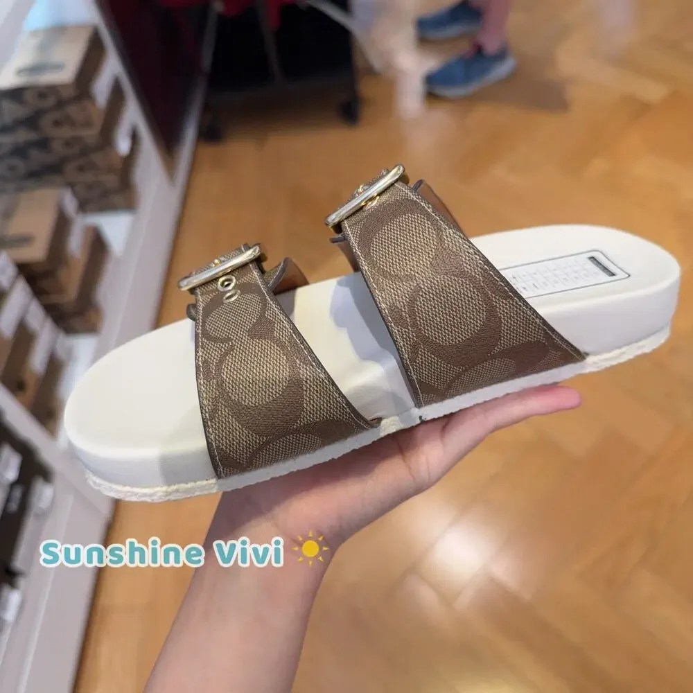 NEW COACH Allanah Slide Sandal Signature Canvas Women's CK412 Khaki/Chalk US 5 - Picture 4 of 9